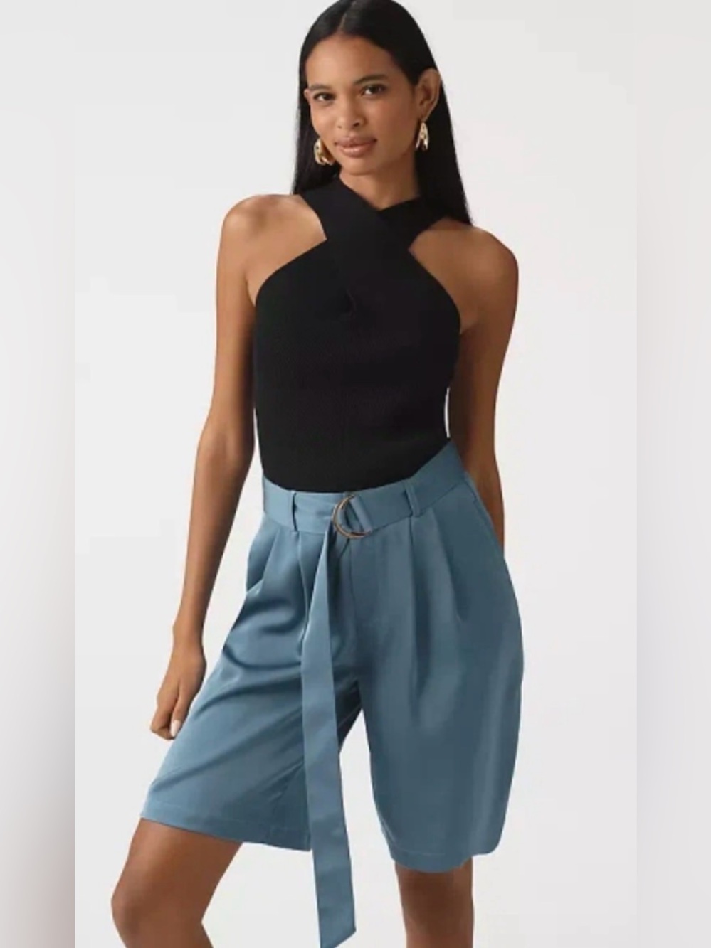 Silky Pleated Bermuda Shorts Blue Medium NWT Anthropologie